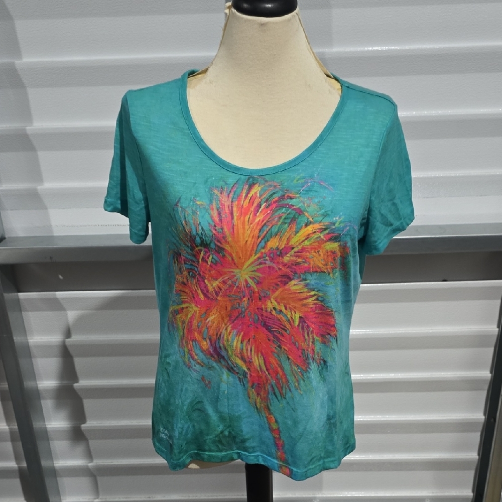 Leoma Lovegrove‎ Teal Palm Tree Graphic Women's Top Size Petite Large